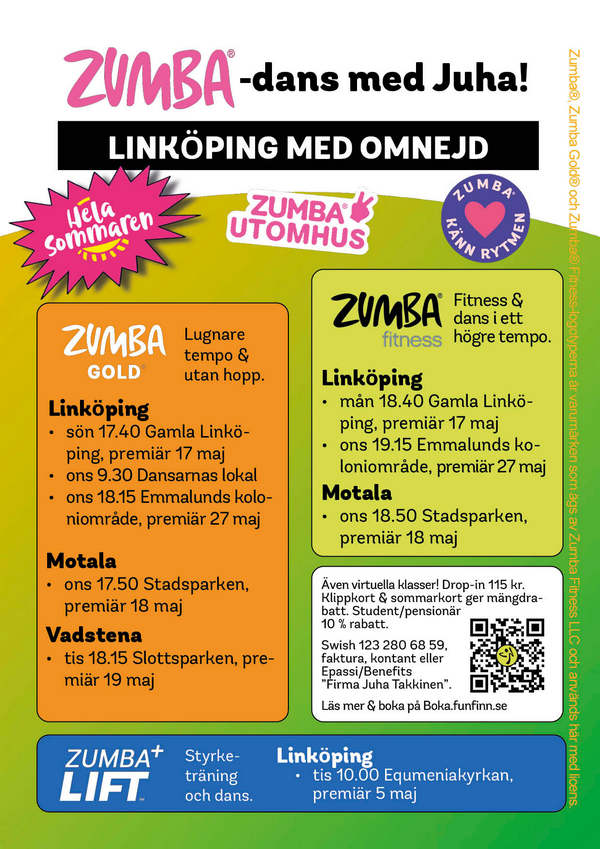 Zumba-pass sommaren 2026 Juha Takkinen Fun Finn TheFunFinn Linköping Vadstena Motala